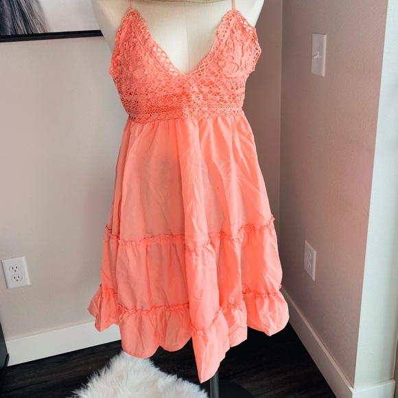 Peach Long Pleated Ruffle Dress With Attached Belt
